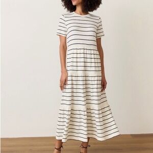 Marine Layer Cream Navy Striped Tiered Midi T-Shirt Dress Women's Size Small